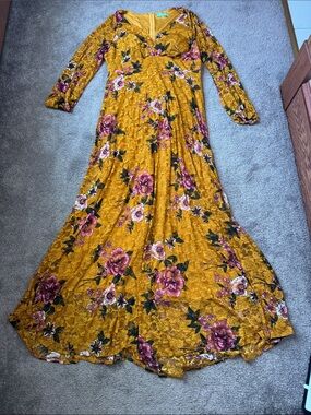 Toleen Floral Lace Burnout Maxi Dress Mustard Boho Long Sleeve SIZE 1XL